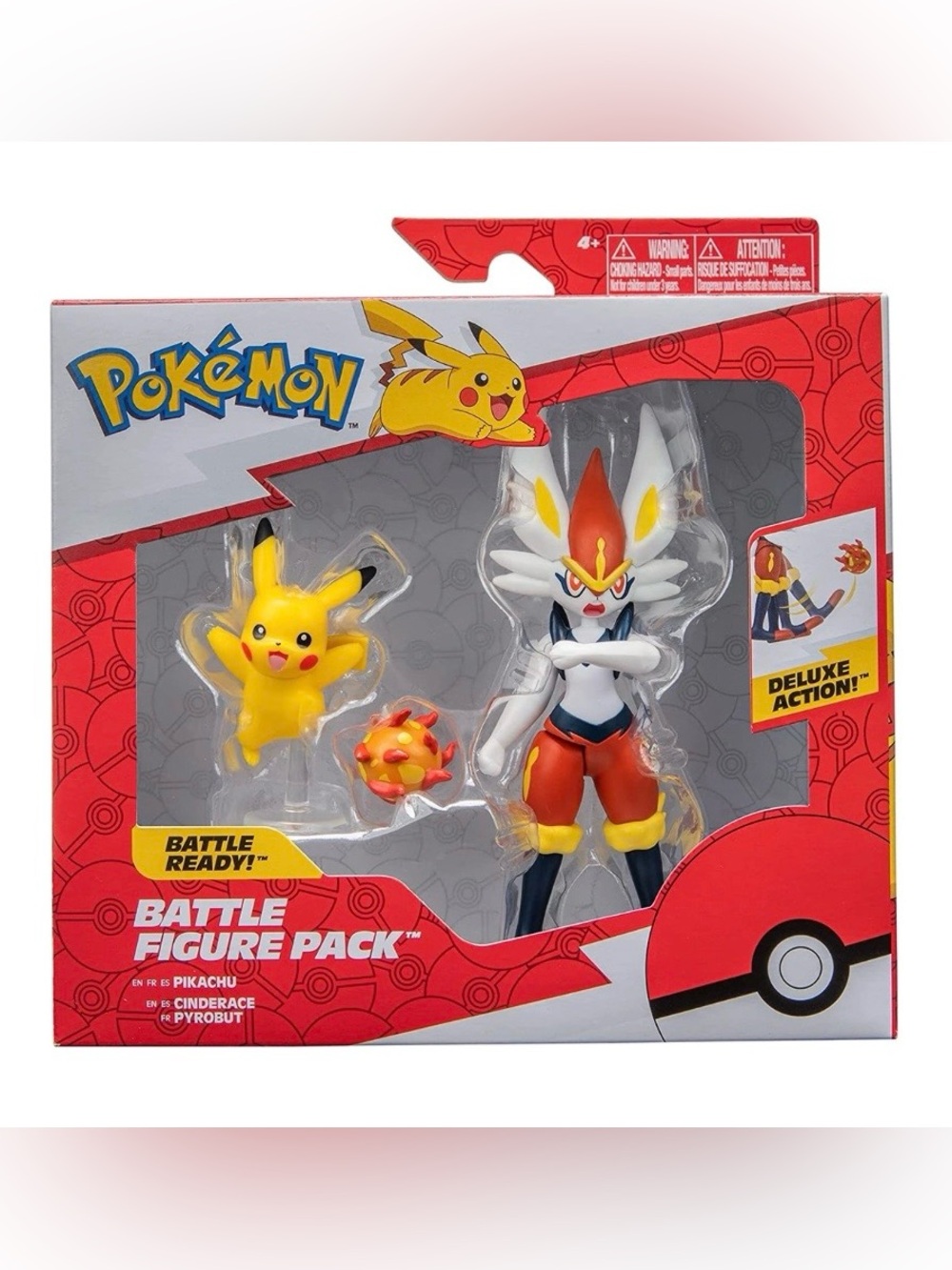 Pokémon Battle Figure Pack includes 2" Pikachu and 4.5" Cinderace Battle Figures
